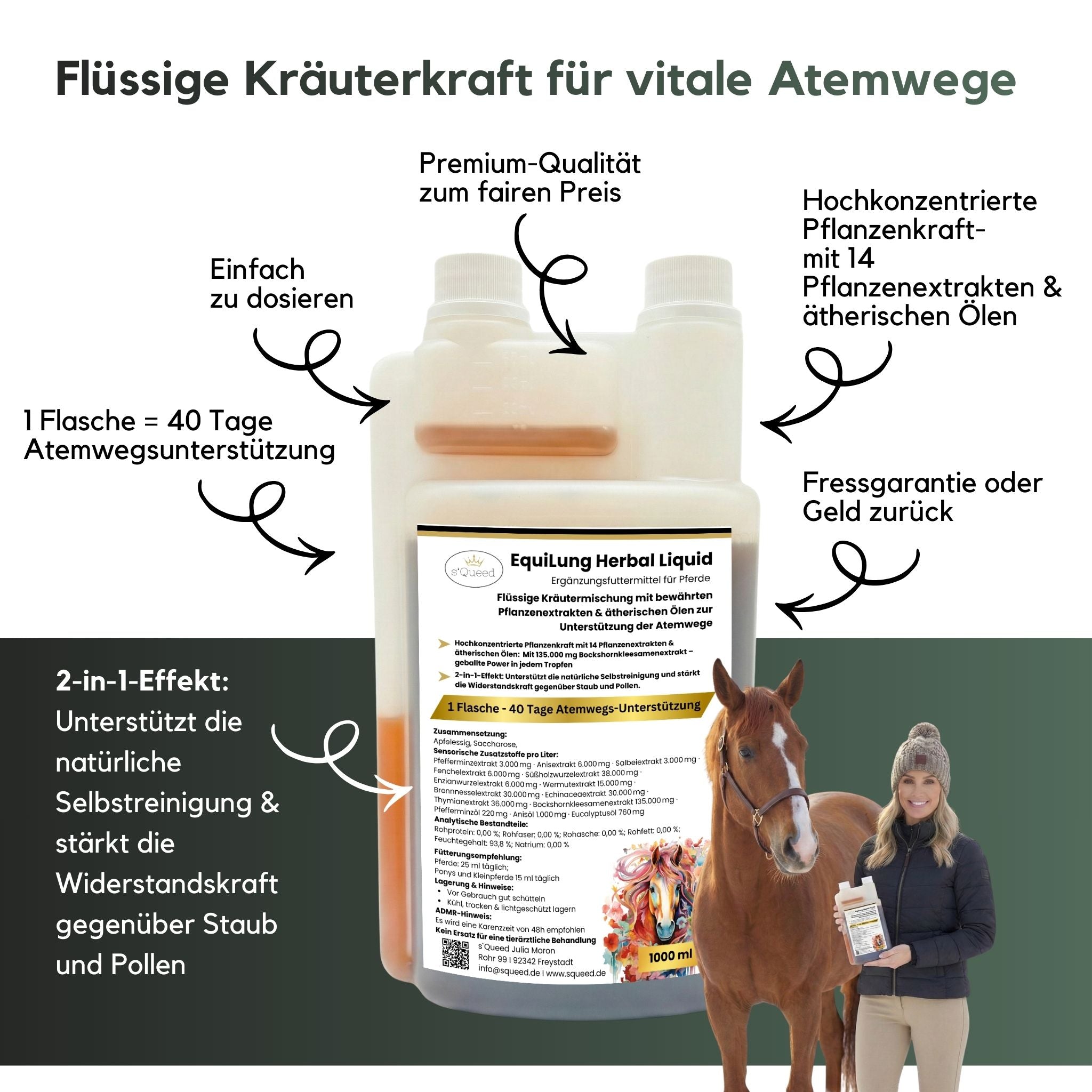 EquiLung Herbal Liquid 1000ml – flüssiges Ergänzungsfuttermittel zur Unterstützung der Atemwege bei Pferden – Ansicht 2