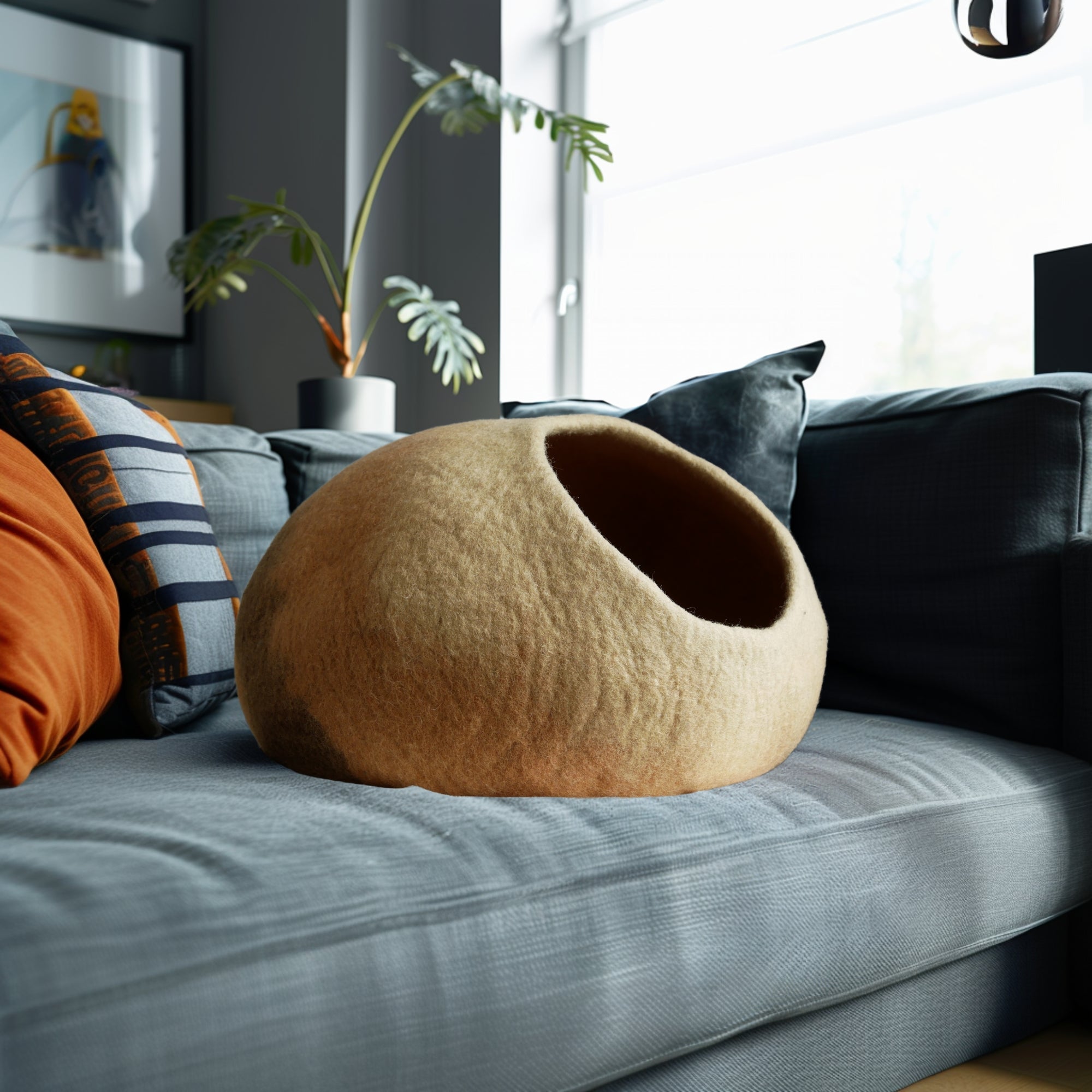 Handgemachte Wollgefilzte Katzenhöhle: Farbe Erdgelb-Braun