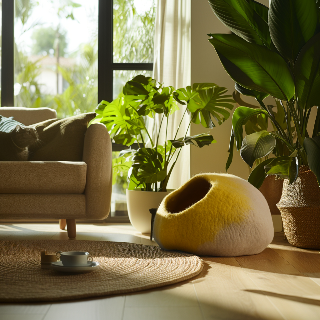 Handgemachte Wollgefilzte Katzenhöhle Farbe: Gelb-Beige